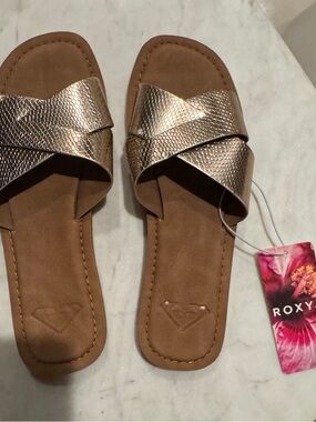 Roxy Andreya Metallic Gold Crisscross Slide Sandals Sz 5